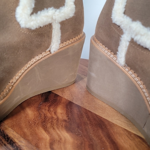 Sam Edelman Reagan Brown Suede Wedge Ankle Boots With Sherpa Trim Size 10 - Picture 10 of 17